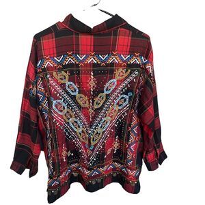 Zara Woman Premium Collection Shirt Womens Small Button Up Plaid Aztec Medallion